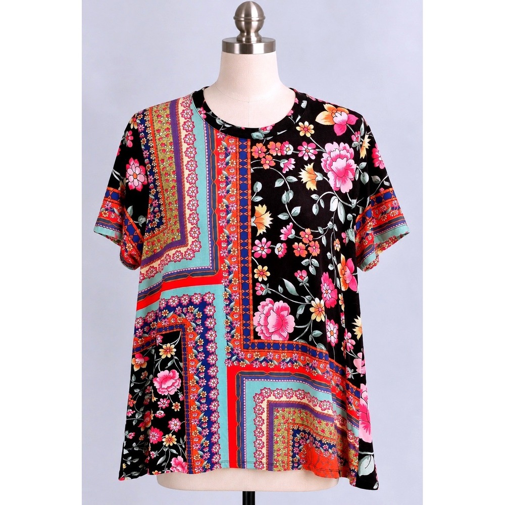 Johnny Was Top Womens M Floral Scarf Print BOHO Artsy Short Sleeve T-Shirt